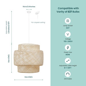 May include: A natural woven pendant light with three tiers. The light is compatible with E27 bulbs and has an adjustable cable height of up to 7.9 feet. The light is dimmable and has a maximum wattage of 40 watts.