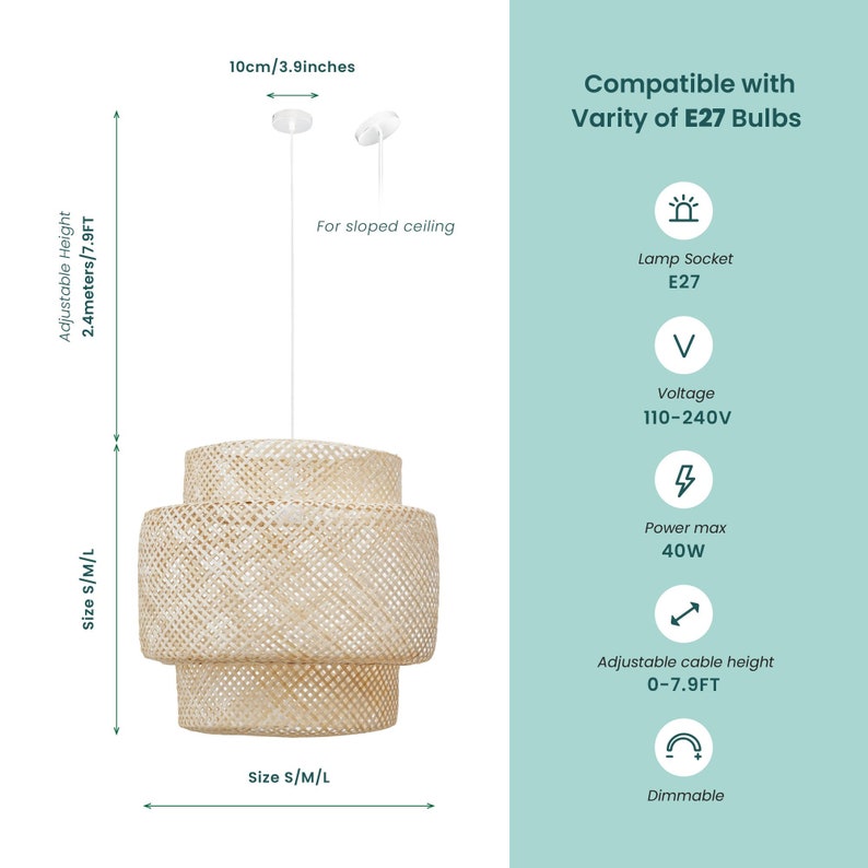May include: A natural woven pendant light with three tiers. The light is compatible with E27 bulbs and has an adjustable cable height of up to 7.9 feet. The light is dimmable and has a maximum wattage of 40 watts.