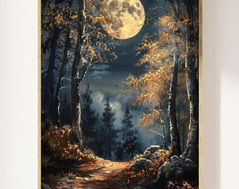 Moon above the Forest art print | Mystical celestial, cottagecore flowers floral, whimsigoth art, ethereal moonlight