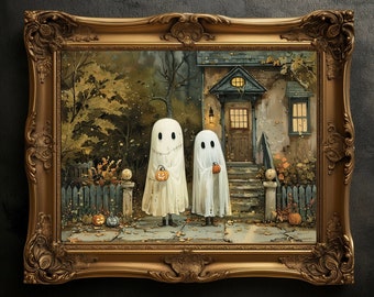 Vintage Halloween Art Poster: Trick or Treat Ghosts Print