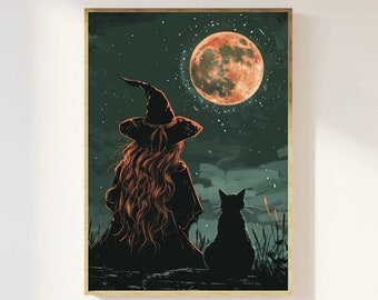 Witch and Black Cat Full Moon Art Print: Gothic Halloween Decor