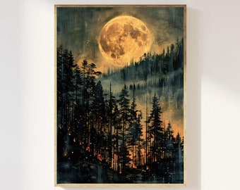Moon and Firefly Art Print: Vintage Block Print Style, Celestial Cottagecore