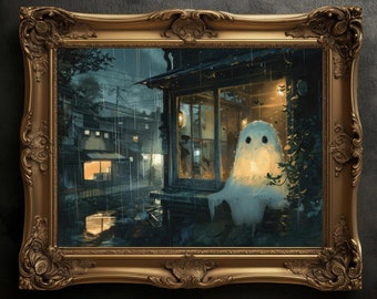 Ghost in Rain Vintage Art Poster: Dark Academia Halloween Print
