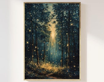 Forest and Firefly Art Print: Vintage Block Print Style, Celestial Cottagecore