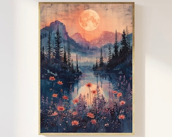 Wildflowers and Moon vintage block print style art print | Mystical celestial, cottagecore, floral, whimsigoth art, ethereal moonlight
