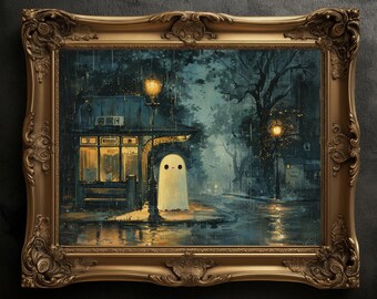 Bus Stop Ghost Art Print: Vintage Halloween, Dark Academia Poster