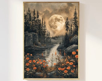 Flowers and Moon vintage block print style art print | Mystical celestial, cottagecore flowers floral, whimsigoth art, ethereal moonlight