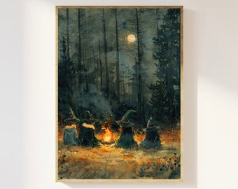 Little Witches Art Print: Gothic Halloween Poster, Dark Academia Decor