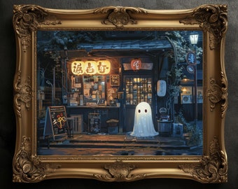 Ghost at the Store Art Print: Vintage Block Print Style, Celestial Whimsigoth