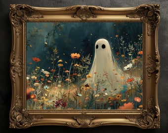 Ghost and Wildflowers Vintage Art Poster Print: Dark Academia Gothic Decor