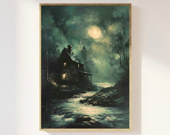 Moonlit River Print: Dark Cottagecore Landscape, Green Academia Wall Art