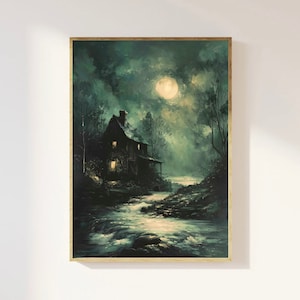 Night Witch Landscape | Dark Cottagecore Print, Moody Wall Art,Moonlit River Vintage Oil Painting, Green Academia Decor