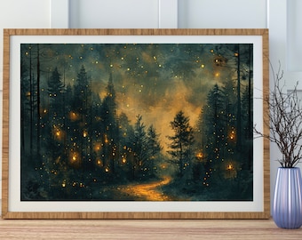 Firefly Forest vintage block print style art print | Mystical celestial, cottagecore, floral, whimsigoth art, ethereal moonlight