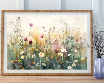 以下が含まれることがあります： ピンク、白、黄色の花が咲く野原の水彩画。花は緑と茶色の柔らかくぼかした背景に描かれている。