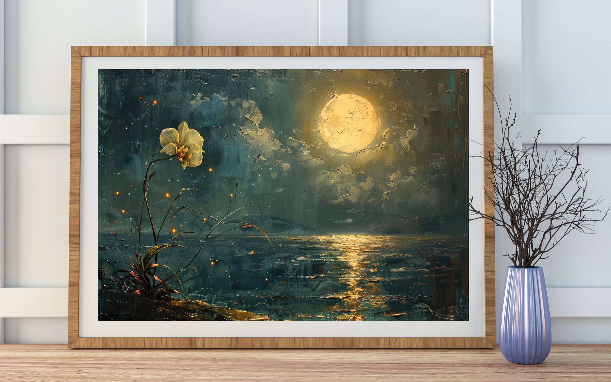 Moon Flower Art Print | full moon above nature oil painting, flowers and ocean, mystical midnight enchanted art
