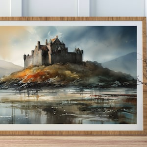 May include: A watercolor painting of a gray stone castle on a rocky island with a body of water in the foreground. The sky is a cloudy gray with hints of blue and yellow.