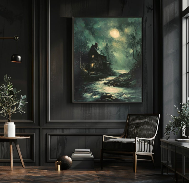 Night Witch Landscape | Dark Cottagecore Print, Moody Wall Art,moonlit ...