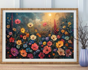 Wildflower Moon Art Print: Mystical Midnight Floral Oil Painting