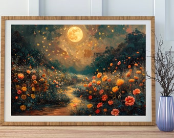 Fireflies and Wildflowers Art Print | Flora Full Moon Nature oil painting, flowers and trees, mystical midnight enchanted art