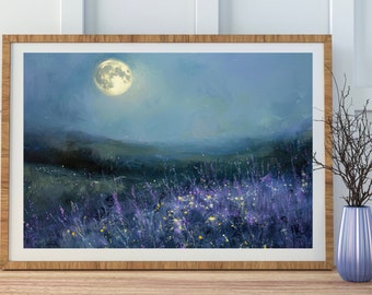 Moonflowers Art Print | full moon above nature oil painting, flowers and fields, mystical midnight enchanted art
