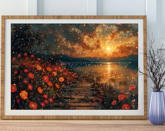 Sunset Blooms Art Print: Fireflies, Flora, Nature Oil Painting