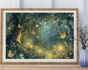 Butterfly Forest Art Print: Mystical Full Moon Oil Painting