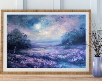 Moon Glade and Wildflower Art Print | full moon above nature oil painting, flowers and trees, mystical midnight enchanted art
