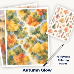 Peut inclure: Dix pages de coloriage inversé intitulées Autumn Glow présentant des illustrations style aquarelle de forêts d'automne avec des arbres orange, jaunes et verts. Un stylo argenté est placé à côté des pages montrant divers motifs d'arbres.