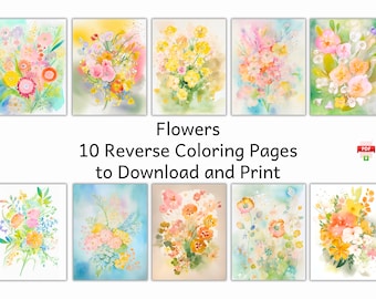 Floral Reverse Coloring Pages: 10 Watercolor Designs, Printable PDF