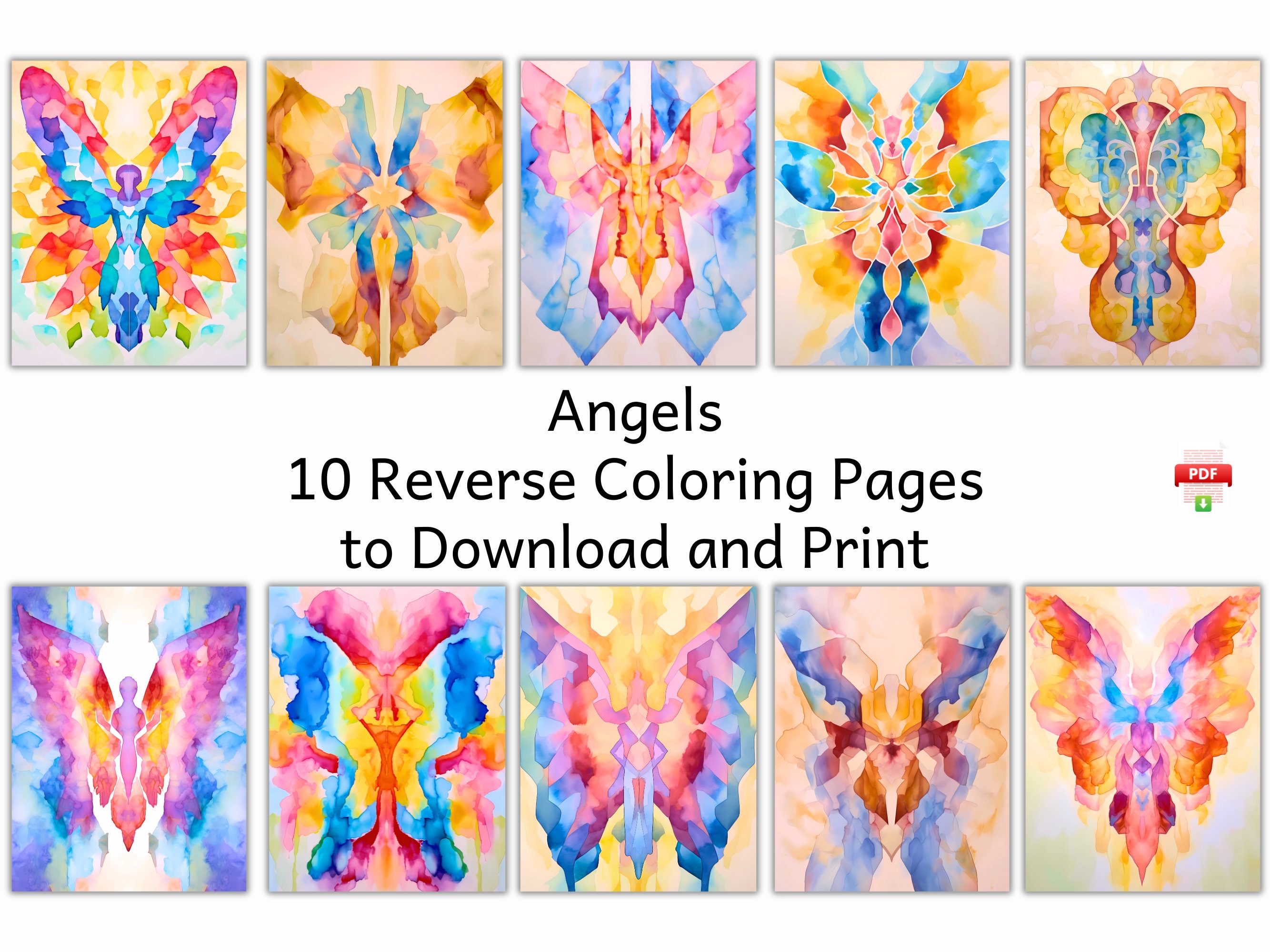 Angelic Inkblots: 10 Divine Reverse Coloring Pages Bundle, Downloadable ...
