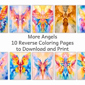May include: Ten reverse coloring pages featuring watercolor illustrations of angels with butterfly wings. The illustrations are in shades of pink, blue, yellow, and orange. The text "More Angels 10 Reverse Coloring Pages to Download and Print" is at the bottom of the image.