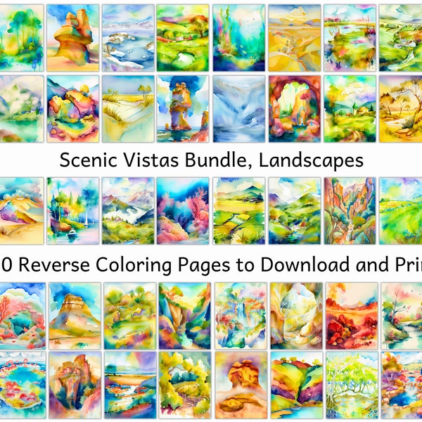 Scenic Vistas: 50 Unique Watercolor Reverse Coloring Pages of Landscapes to Explore. Instant Download, Printable PDF Reverse Coloring Book
