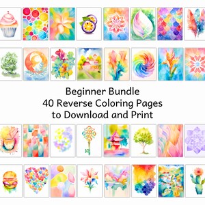 Könnte beinhalten: Ein Set mit 40 umgekehrten Malvorlagen für Anfänger. Die Seiten zeigen eine Vielzahl von Designs, darunter Blumen, geometrische Muster und Tiere. Die Seiten sind perfekt zum Üben von Malfähigkeiten und zum Entspannen.