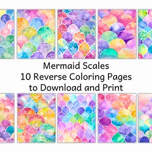 May include: Ten printable coloring pages featuring mermaid scales in a reverse coloring style. The pages feature a variety of colorful scales in shades of blue, green, purple, pink, and yellow.
