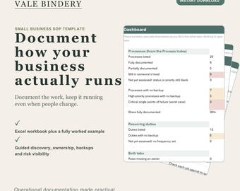 Excel-werkblad met standaardwerkprocedures voor het documenteren van bedrijfsprocessen en de overdracht van medewerkers.