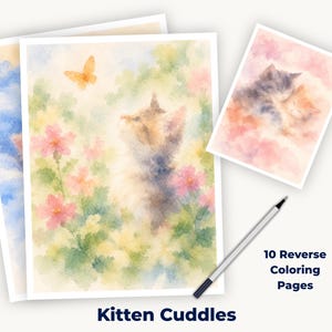 Puede incluir: Un conjunto de 10 páginas de coloreado inverso tituladas Kitten Cuddles, con ilustraciones estilo acuarela de gatitos en jardines florales y durmiendo juntos, acompañadas de un bolígrafo negro y plateado para colorear y actividades.