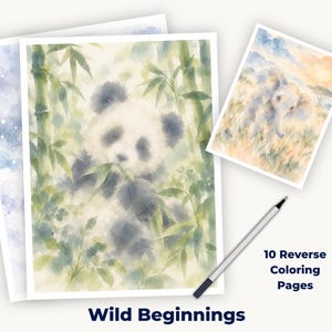 Può includere: Un set di stampe artistiche in stile acquerello con un panda tra i bambù e un elefante nella savana, accompagnate da una penna argentata. Il testo recita Wild Beginnings e 10 Reverse Coloring Pages. Le illustrazioni usano toni tenui verdi, blu e arancioni.