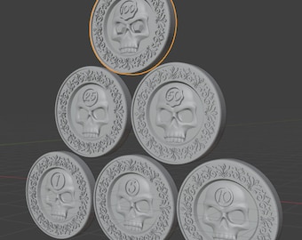 May include: A set of grey coins with a skull design. Each coin displays a value (1, 5, 10, 25, 50, or 100) and a skull. The coins have a decorative floral border.
