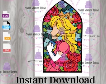 Puede incluir: Archivo digital con un diseño de vidriera de una princesa coronada, rodeada de rosas rojas. La imagen tiene un fondo blanco e incluye el texto "DIGITAL FILE" y "Instant Download".