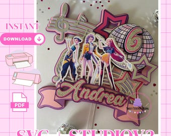 May include: A layered cake topper with a music theme, featuring three stylized figures, stars, and a disco ball. The name "Andrea" is prominently displayed. The words "DIGITAL FILE", "INSTANT DOWNLOAD", "SVG + STUDIOV3", and PDF icons are also visible.