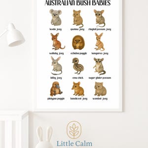 Poster con cuccioli di Bush australiani - Decorazione murale per cameretta dei bambini / Stampa di animali ad acquerello / Decorazione educativa sulla fauna selvatica australiana