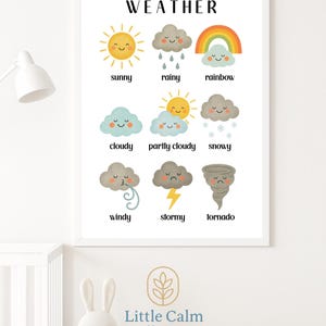 May include: A framed weather chart with illustrations of different weather conditions, including sunny, rainy, cloudy, and snowy. The text "WEATHER" is at the top. The bottom of the frame has the text "Little Calm Collective".