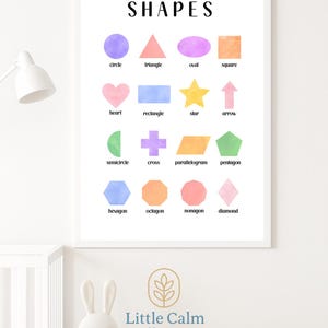May include: A colorful educational poster with the word "SHAPES" at the top and various shapes with their names listed below. The shapes are drawn in watercolor and include a circle, triangle, oval, square, heart, rectangle, star, arrow, semicircle, cross, parallelogram, pentagon, hexagon, octagon, nonagon, and diamond.