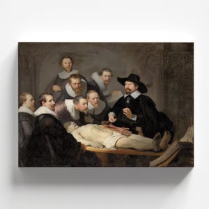 May include: A group of men in 17th-century clothing gather around a table, observing a dissection of a human body. The main figure, wearing a black hat and coat, holds a scalpel and points to the exposed muscles of the deceased.
