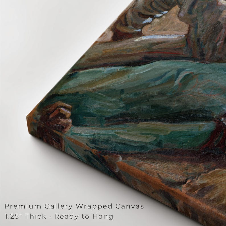 May include: A corner view of a gallery-wrapped canvas art print. The artwork features a landscape with shades of green, brown, and blue. The canvas is 1.25 inches thick and ready to hang. The text "Premium Gallery Wrapped Canvas" is visible.