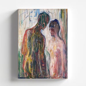 May include: A painting of two figures, one standing behind the other. The figure in front is a woman with long, dark hair and a pale skin tone. The figure behind her is a man with a green and brown head and a dark body. The painting is done in a style that is reminiscent of Expressionism.