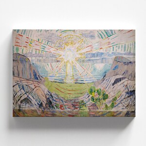 May include: A painting of a bright, white sun with rays of light radiating out from it. The sun is over a landscape of green hills and a body of water. The painting is done in a style that is reminiscent of Expressionism.