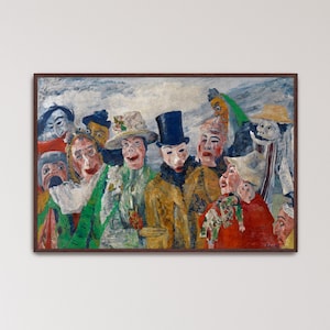 May include: An oil painting depicting a group of figures wearing masks and hats. The figures are dressed in various colors, including green, yellow, and red. The painting has a dark brown frame.