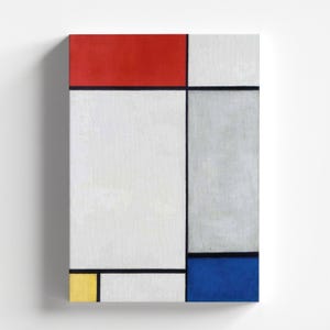 May include: Abstract painting with a red, yellow, blue, and gray color scheme. The painting is divided into squares and rectangles.