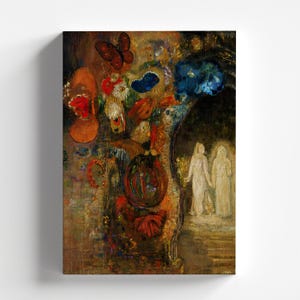 May include: A painting of a surreal scene with a large, abstract floral arrangement in the center. The flowers are a mix of red, white, blue, and green. Two figures in white robes stand in the background, surrounded by a dark, shadowy area.